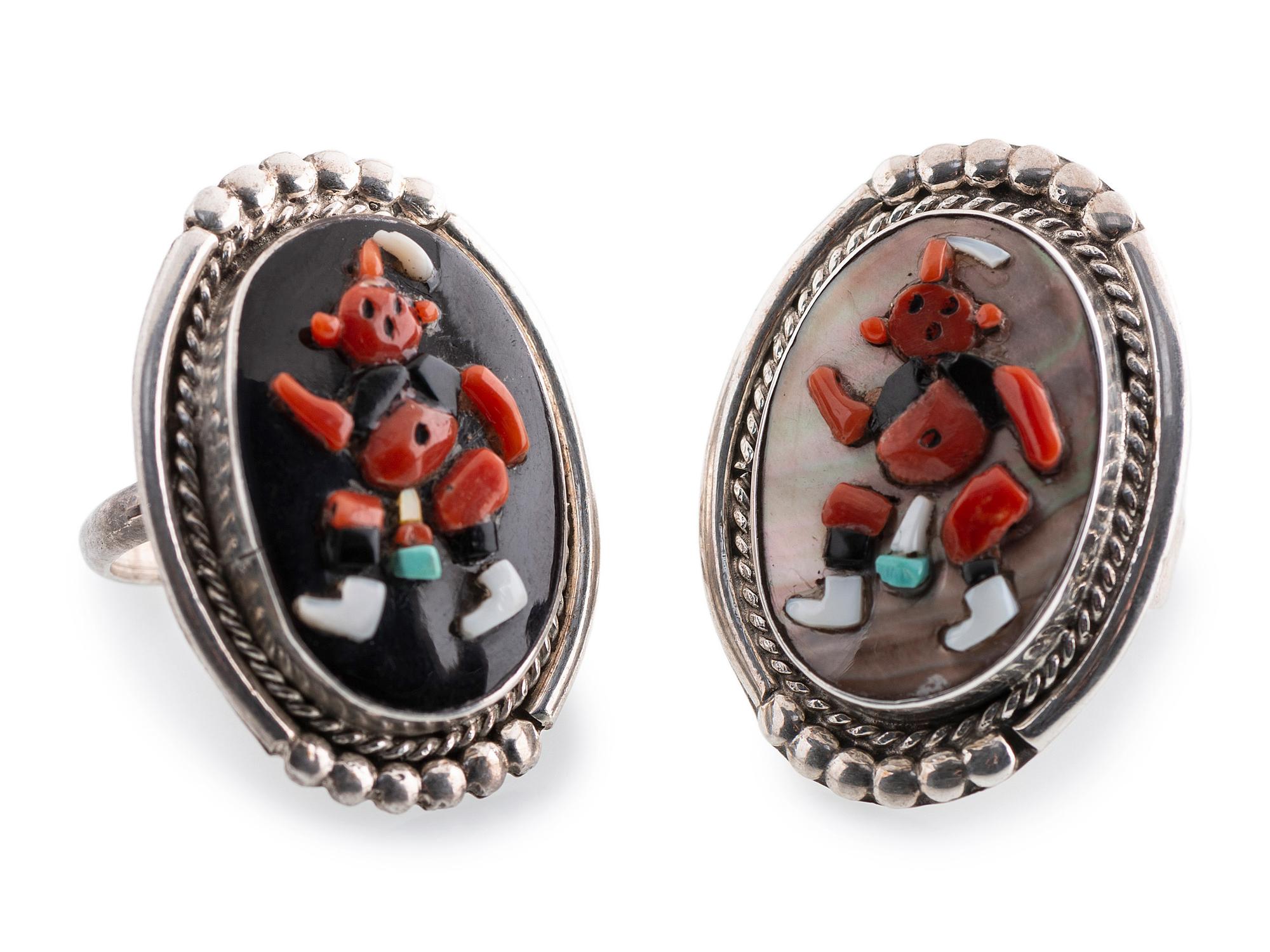 Silver and Mosaic Inlay Rings, with Dancing Mudhead Figures
