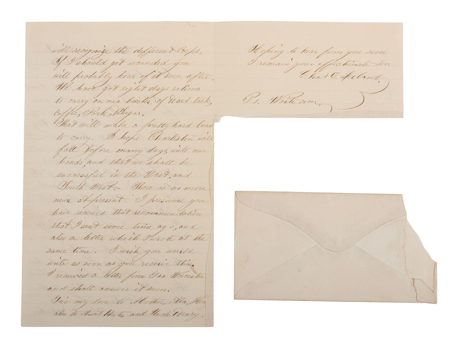 Private Charles Leland, Company B, 13th Massachusetts Infantry Regiment, KIA at Gettysburg. Autographed letter regarding his new corps badge. "Camp Near Fletchers Chapel," VA, 16 April 1863.