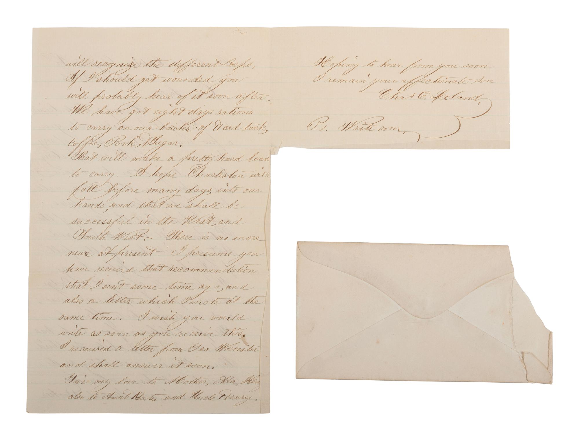 Private Charles Leland, Company B, 13th Massachusetts Infantry Regiment, KIA at Gettysburg. Autographed letter regarding his new corps badge. "Camp Near Fletchers Chapel," VA, 16 April 1863.