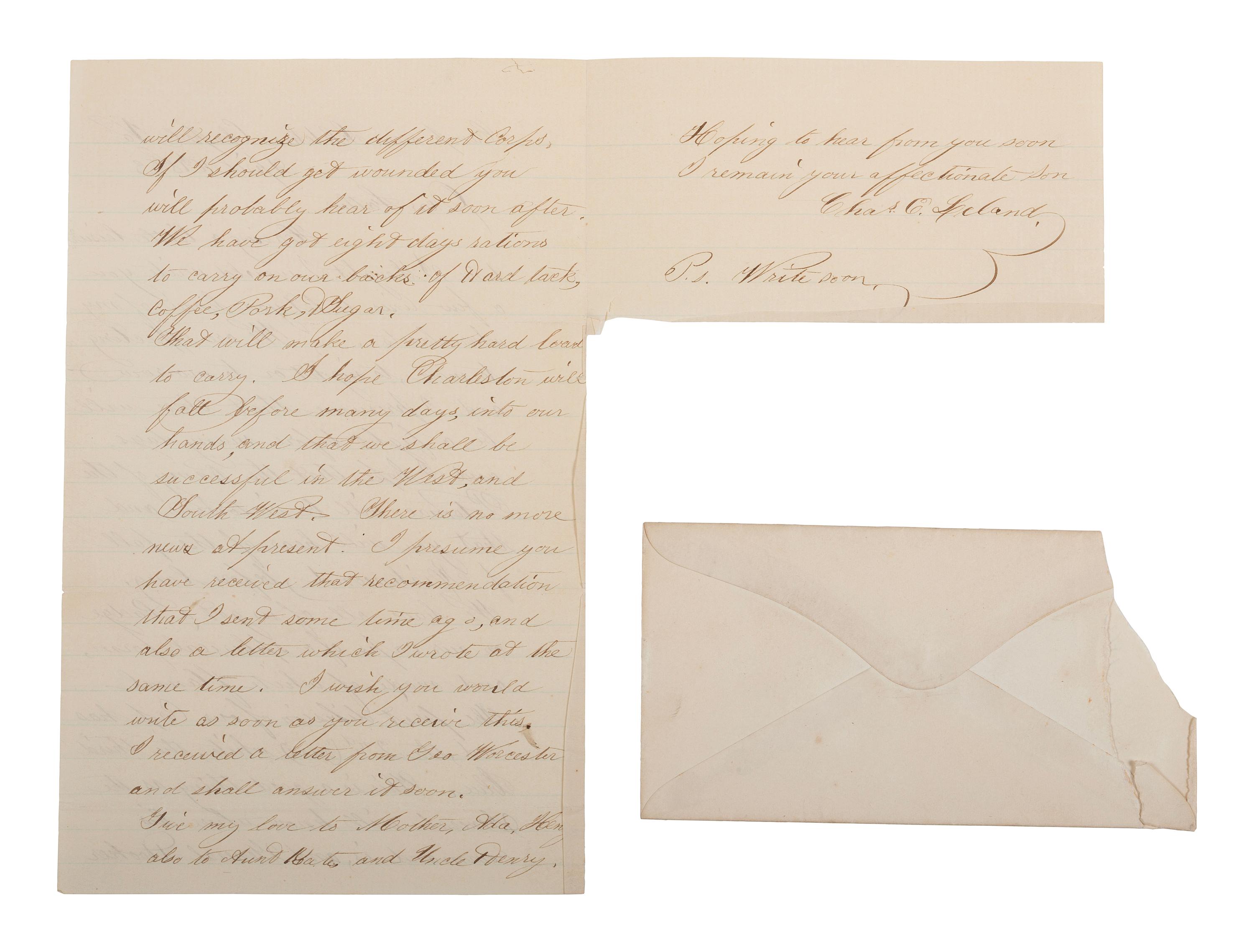 Private Charles Leland, Company B, 13th Massachusetts Infantry Regiment, KIA at Gettysburg. Autographed letter regarding his new corps badge. "Camp Near Fletchers Chapel," VA, 16 April 1863.