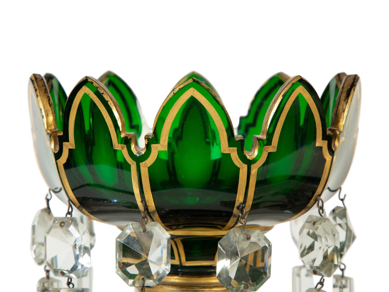 A Pair of Bohemian Parcel-Gilt and Green-Flashed Glass Lustres