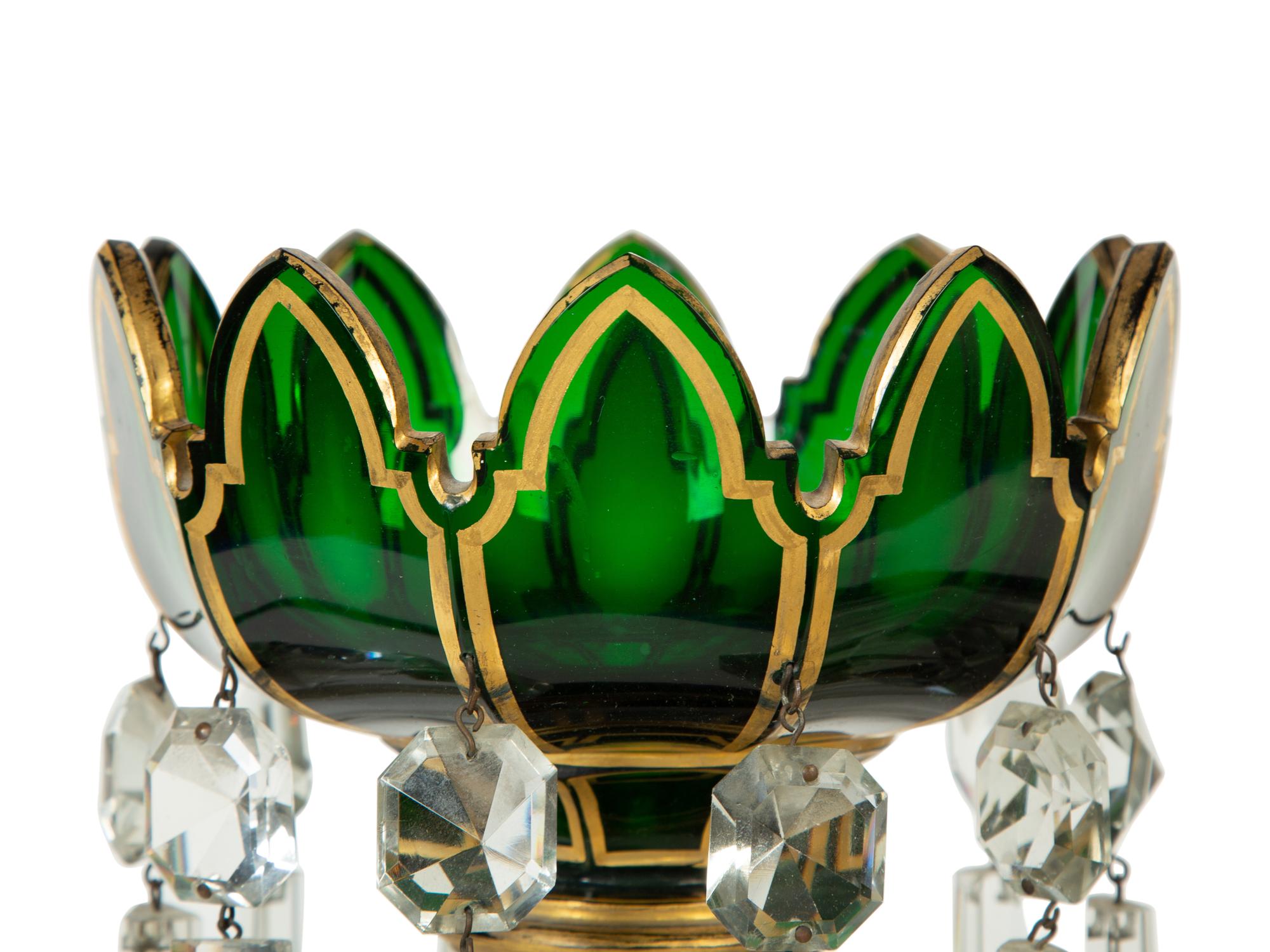 A Pair of Bohemian Parcel-Gilt and Green-Flashed Glass Lustres