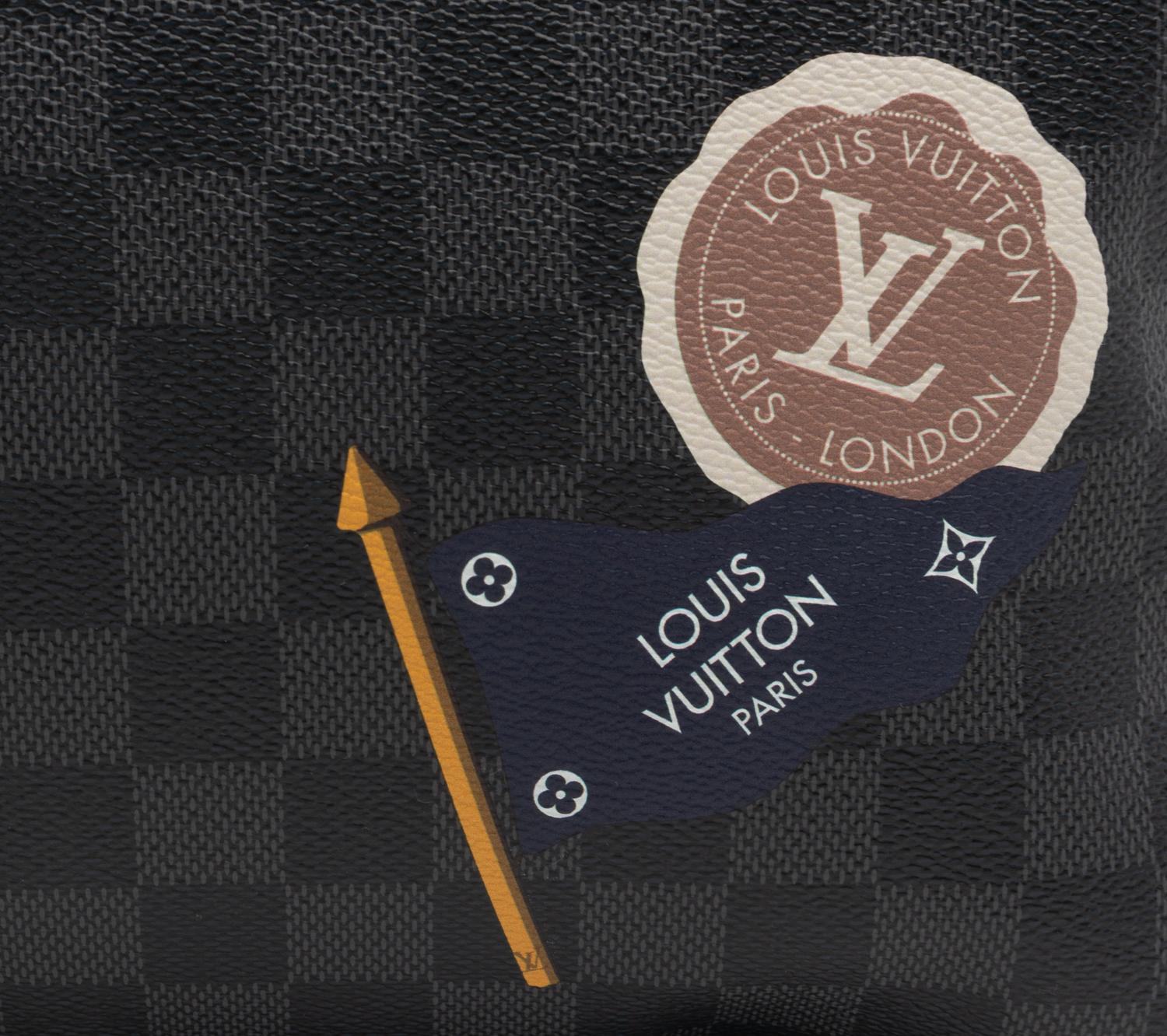 Louis Vuitton Limited Edition Keepall Bandoulière 45 in Damier Graphite Coated Canvas with Printed Travel "Stickers", LV League, Fall Winter 2017