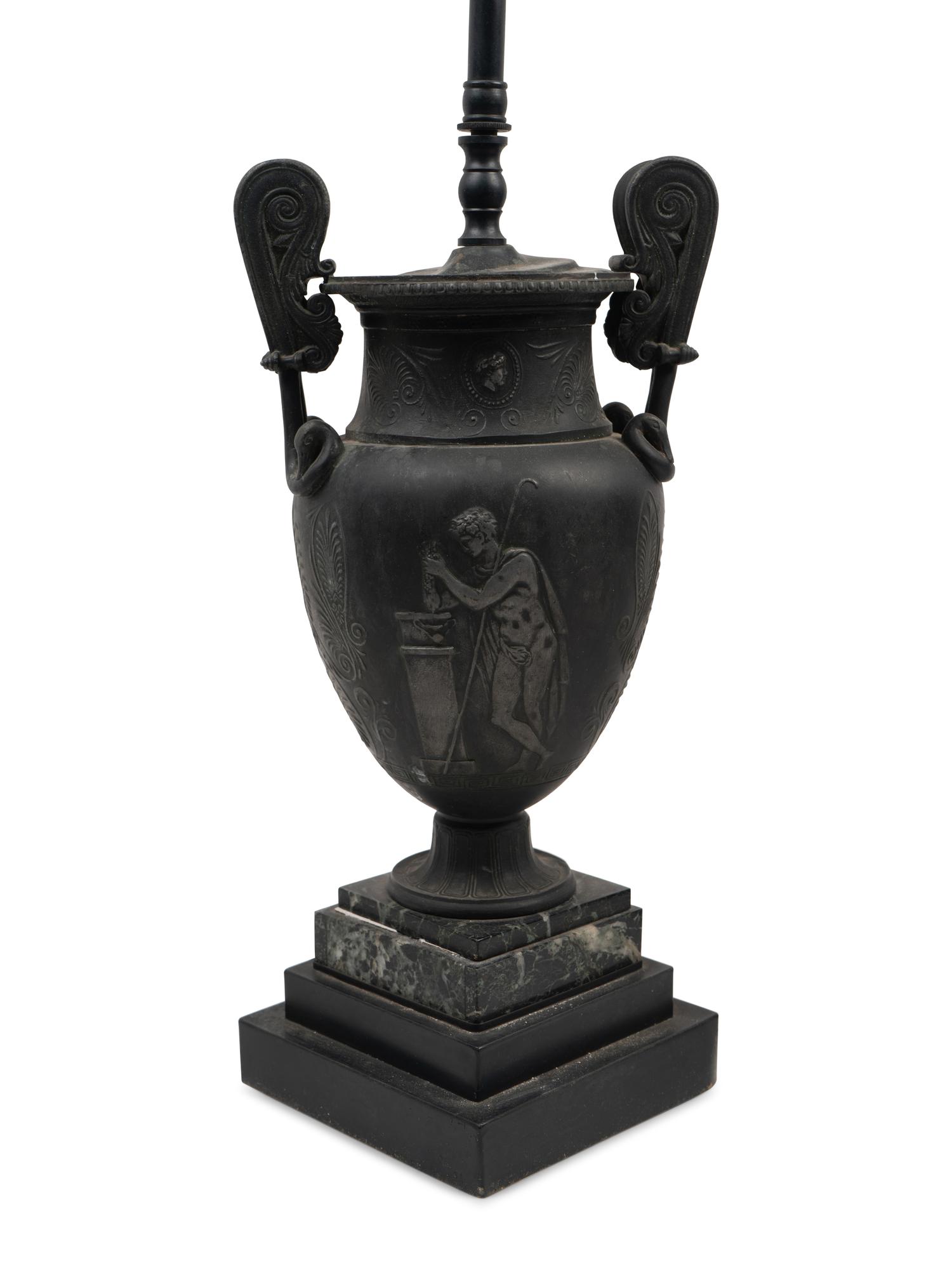 A Pair of Grand Tour Style Cast Metal Urns Mounted as Lamps with Marble Bases