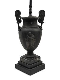 A Pair of Grand Tour Style Cast Metal Urns Mounted as Lamps with Marble Bases