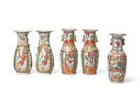 Five Chinese Export Porcelain Rose Medallion Vases