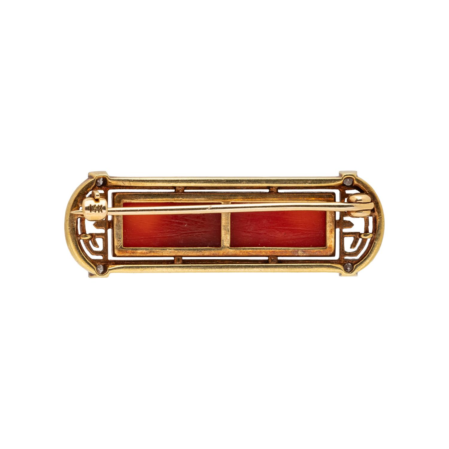 ART DECO, CARVED CARNELIAN AND DIAMOND BAR PIN