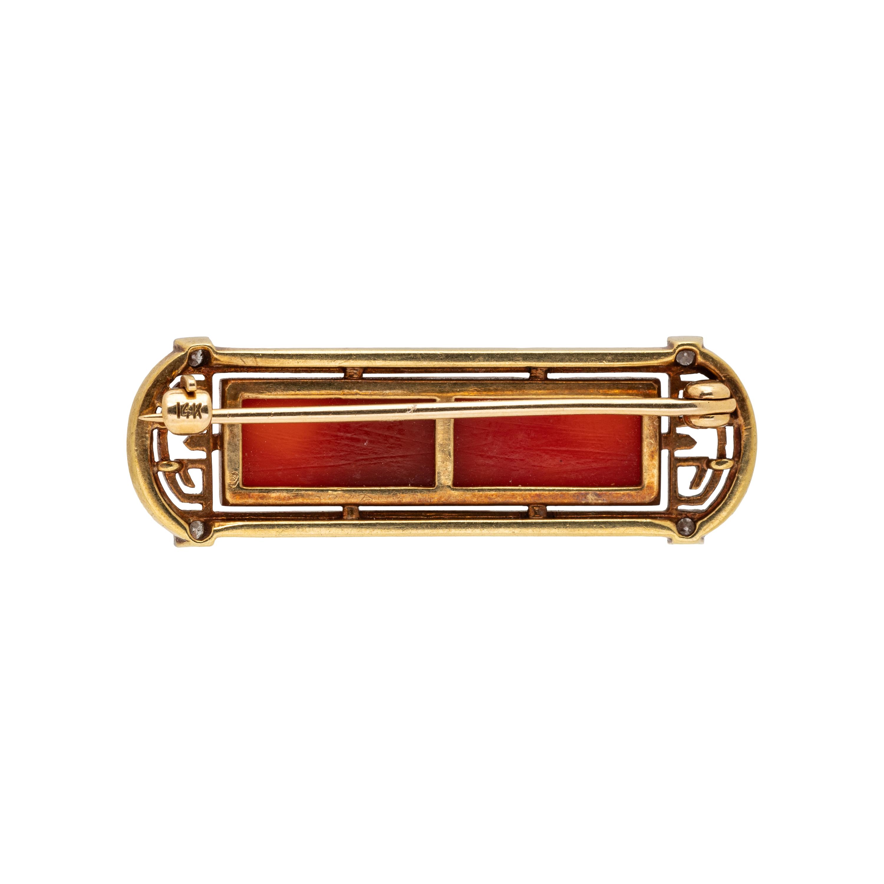 ART DECO, CARVED CARNELIAN AND DIAMOND BAR PIN