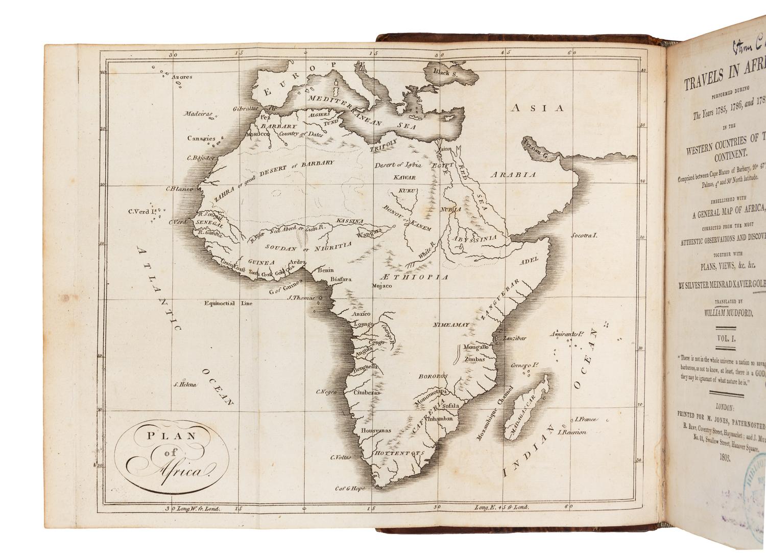 GOLBERRY, Silvester Meinrad Xavier (1742-1822). Travels in Africa. Translated by Francis William Blagdon. London: Printed for M. Jones,