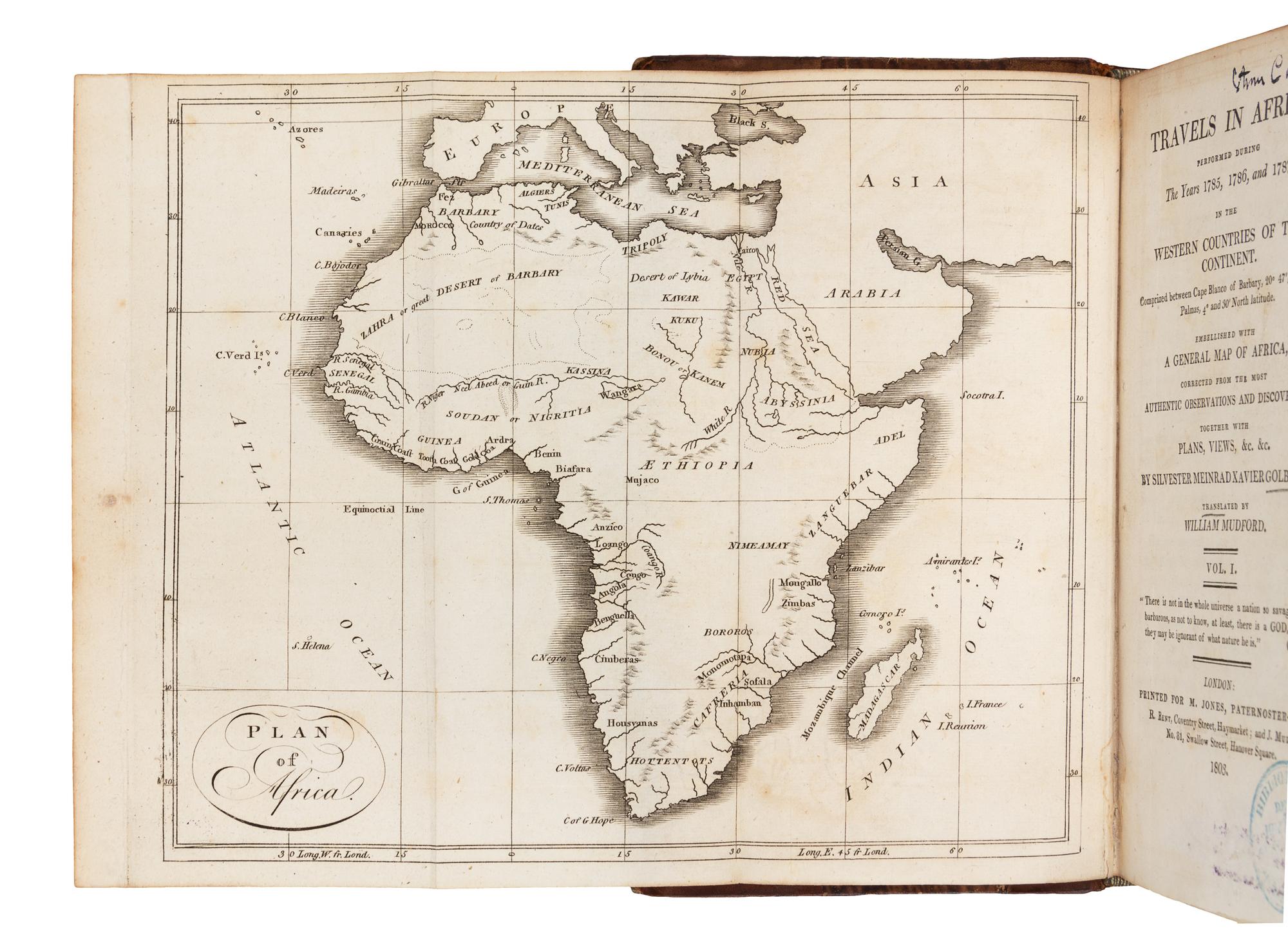 GOLBERRY, Silvester Meinrad Xavier (1742-1822). Travels in Africa. Translated by Francis William Blagdon. London: Printed for M. Jones,