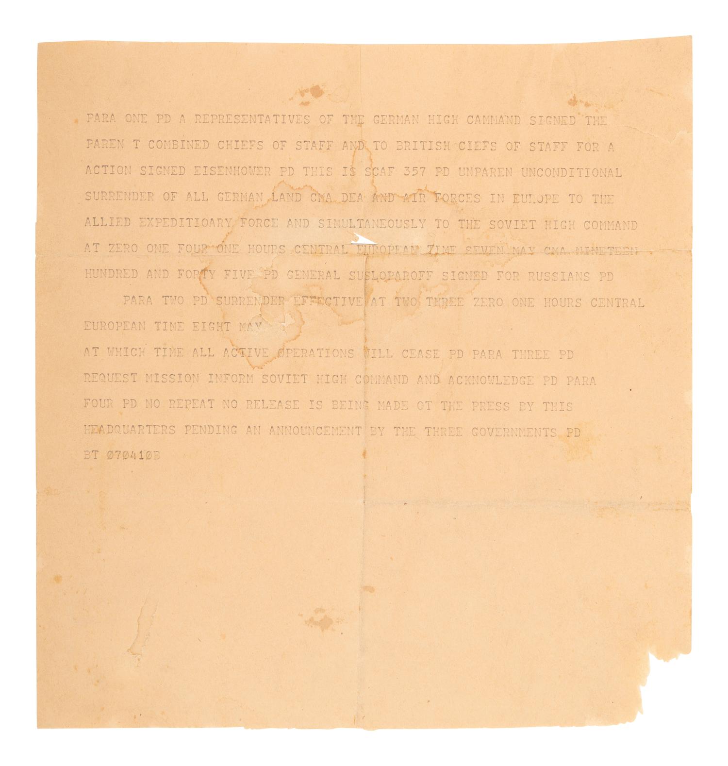 [WORLD WAR II]. Original cable from Reims announcing the German military's unconditional surrender. 7 May 1945.