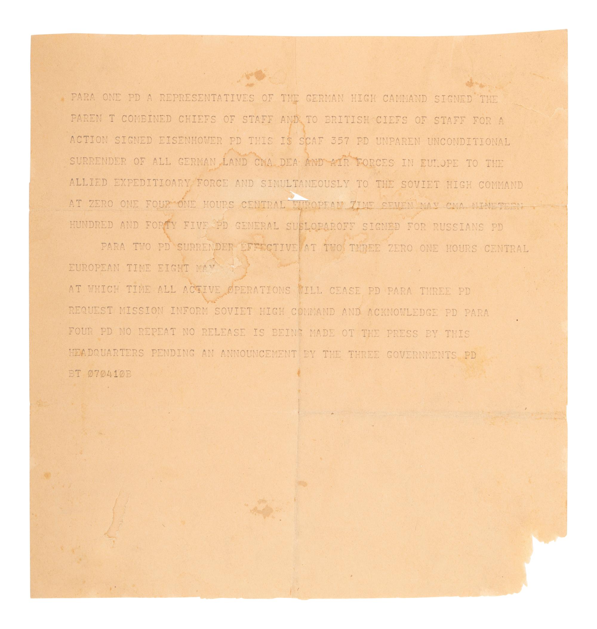 [WORLD WAR II]. Original cable from Reims announcing the German military's unconditional surrender. 7 May 1945.