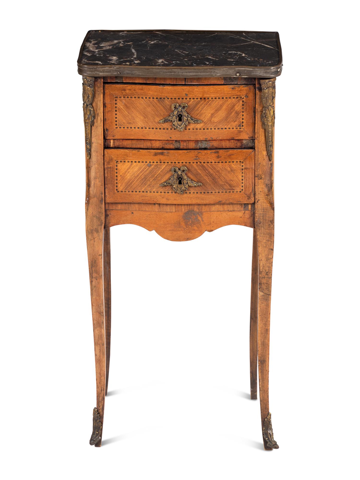 A Louis XV/XVI Transitional Style Marquetry Marble Inset Side Table
