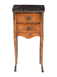 A Louis XV/XVI Transitional Style Marquetry Marble Inset Side Table