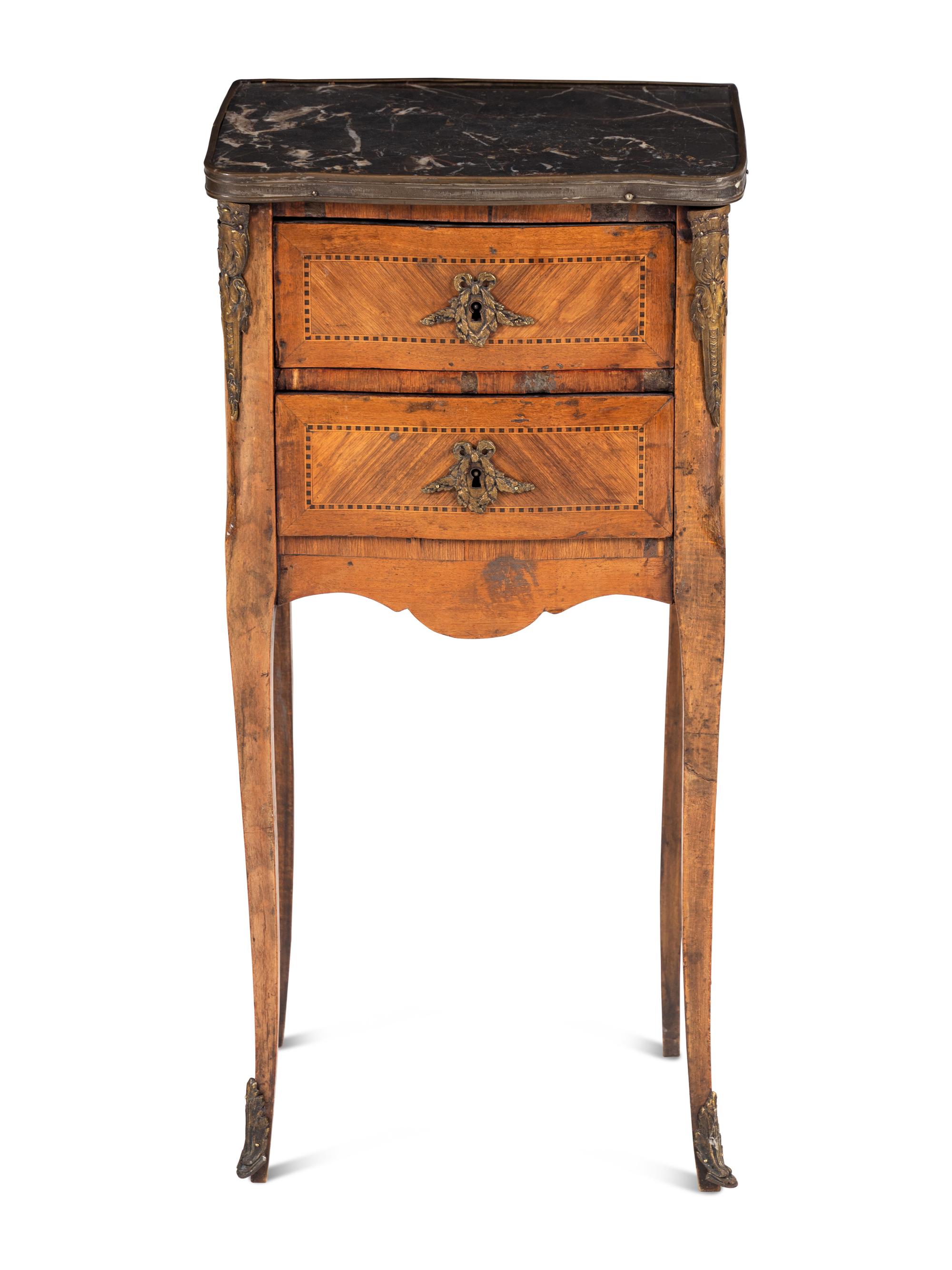 A Louis XV/XVI Transitional Style Marquetry Marble Inset Side Table