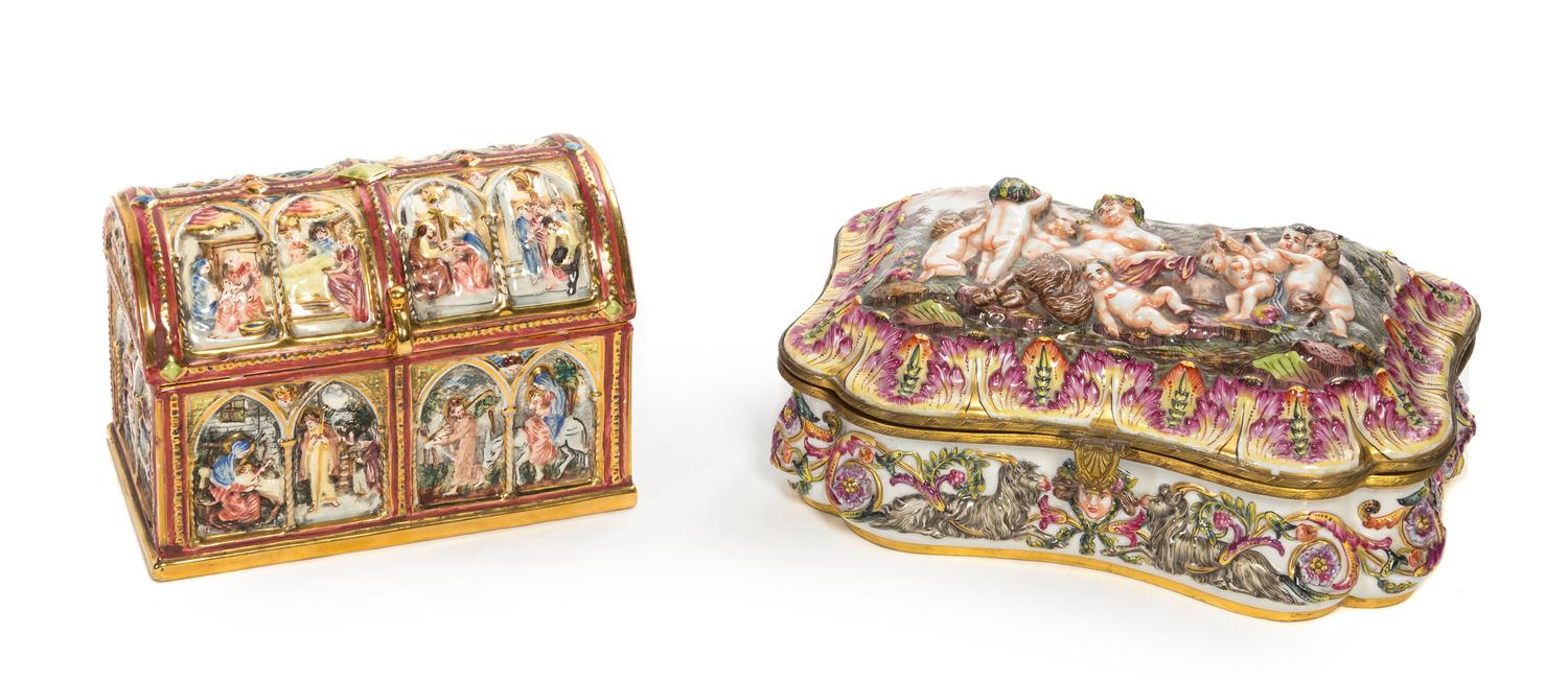 Two Capo di Monte Porcelain Table Caskets Width of wider 11 1/4 inches.