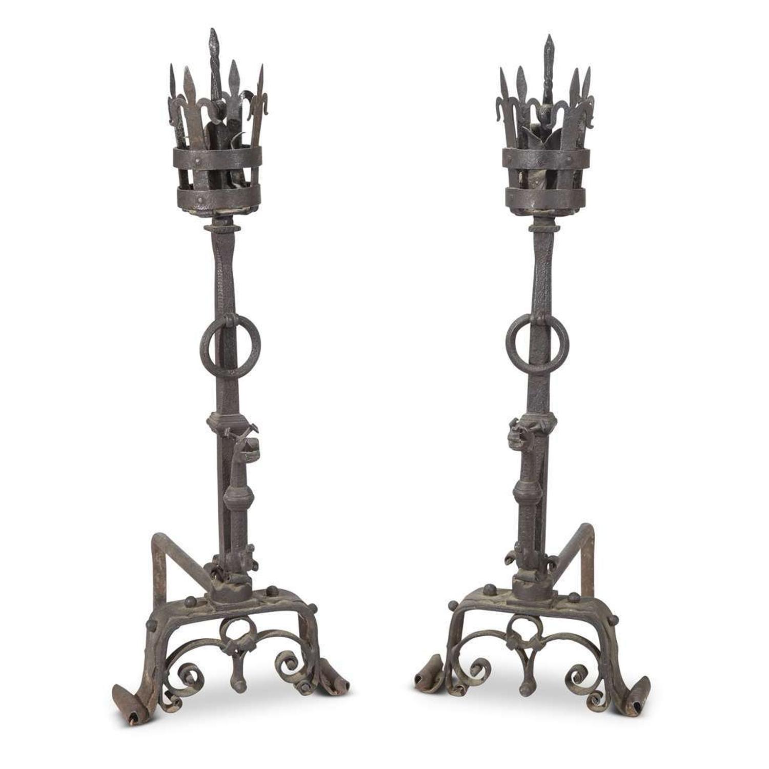Pair of monumental wrought iron andirons From the Studio and Collection of Samuel Yellin (1884-1940)