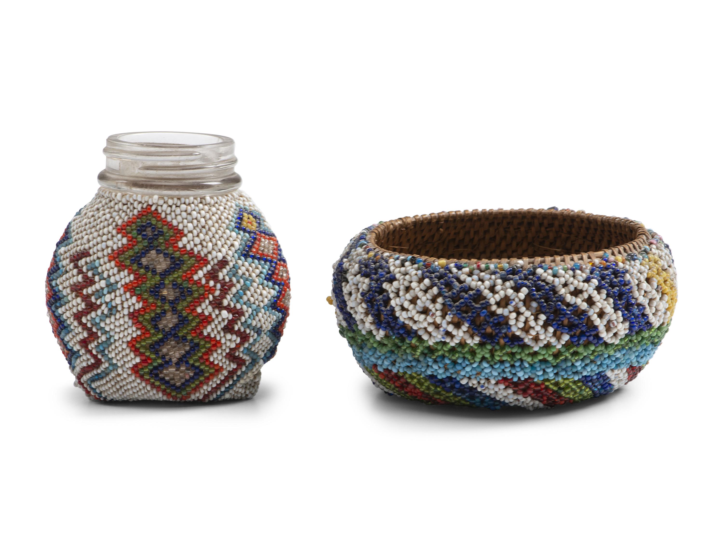 Paiute Beaded Basket and Glass Bottle