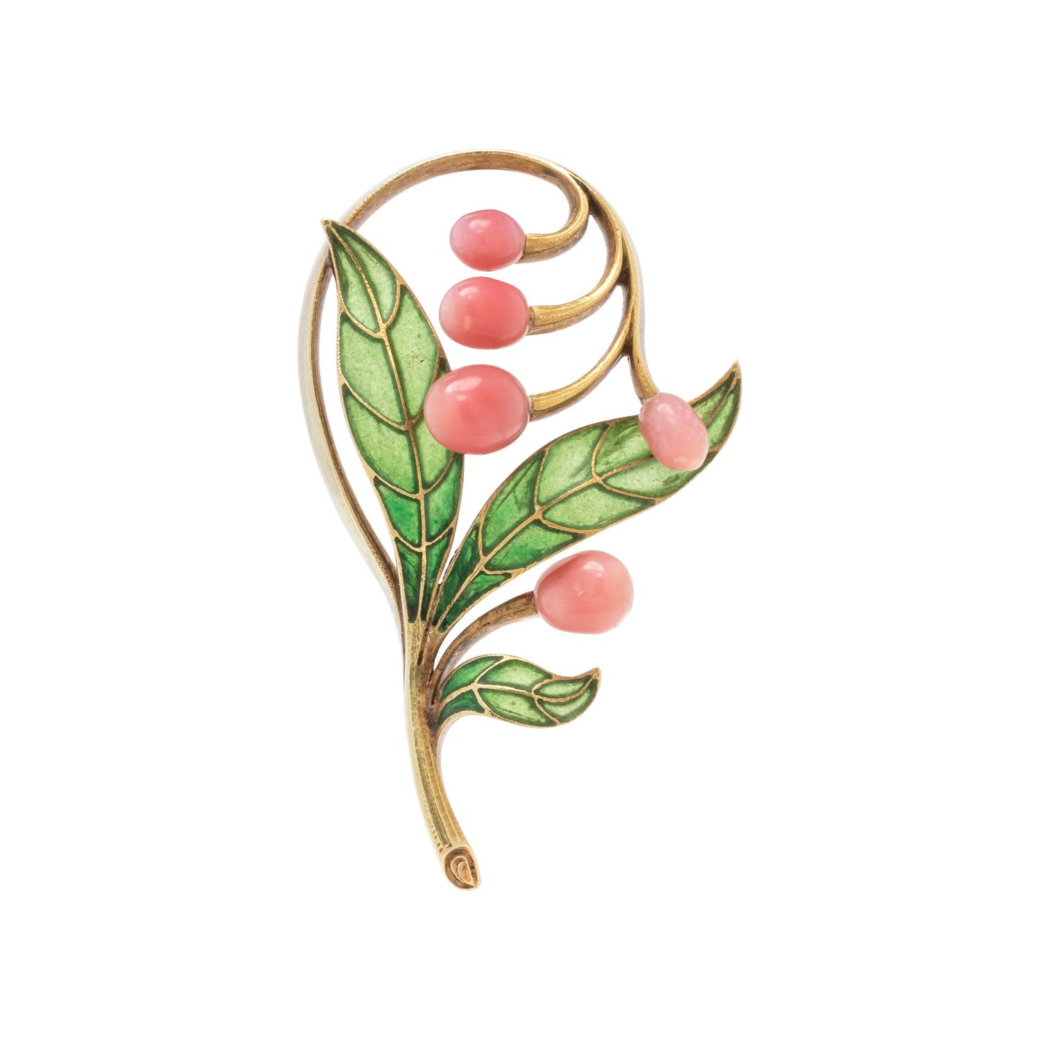ART NOUVEAU, YELLOW GOLD, CONCH PEARL AND PLIQUE-À-JOUR ENAMEL BROOCH