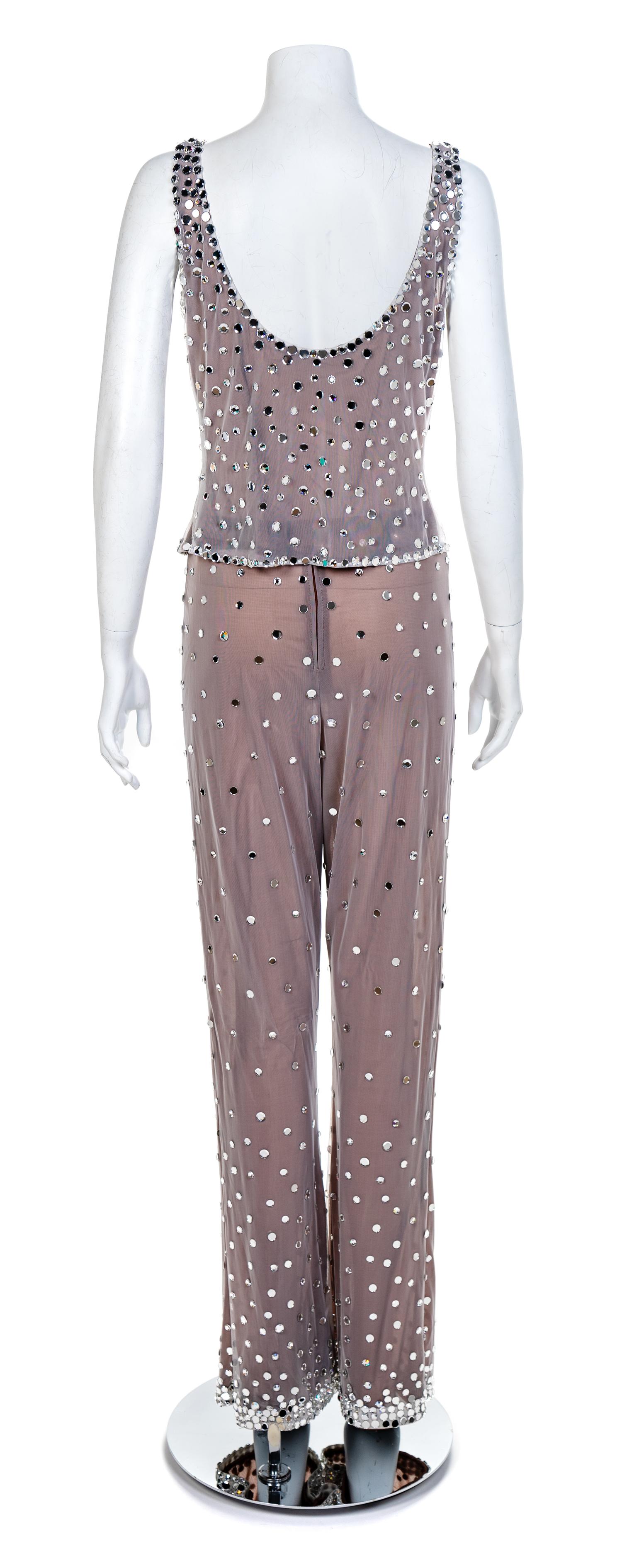 CD Greene Sheer White Mesh with Mirrored Rhinestones Ensemble, 1990-2000s No size label