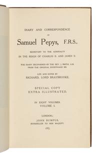 [BINDINGS]. PEPYS, Samuel (1633-1703). Diary and Correspondence of Samuel Pepys... The Diary Deciphered by the Rev. J. Smith... Life and Notes by Rochard, Lord Braybrooke . Richard Lord Braybrooke, editor. London: John Bumpus, 1887.
