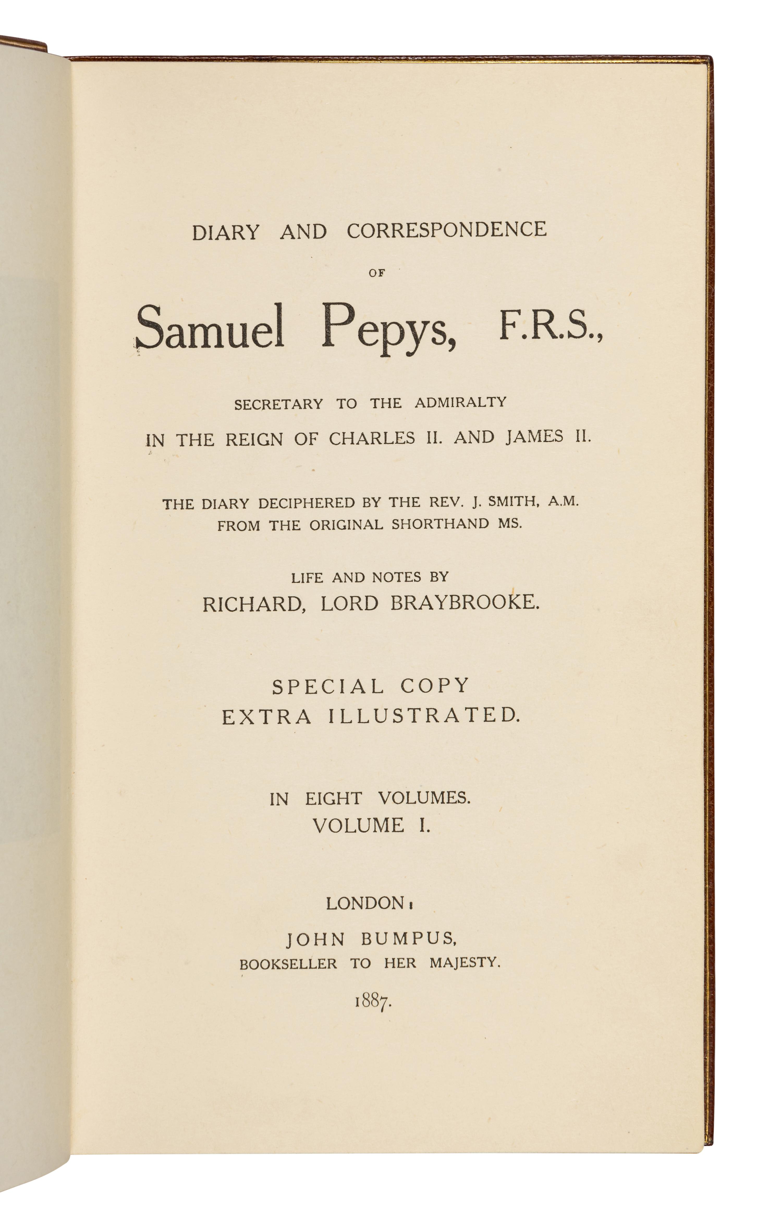 [BINDINGS]. PEPYS, Samuel (1633-1703). Diary and Correspondence of Samuel Pepys... The Diary Deciphered by the Rev. J. Smith... Life and Notes by Rochard, Lord Braybrooke . Richard Lord Braybrooke, editor. London: John Bumpus, 1887.