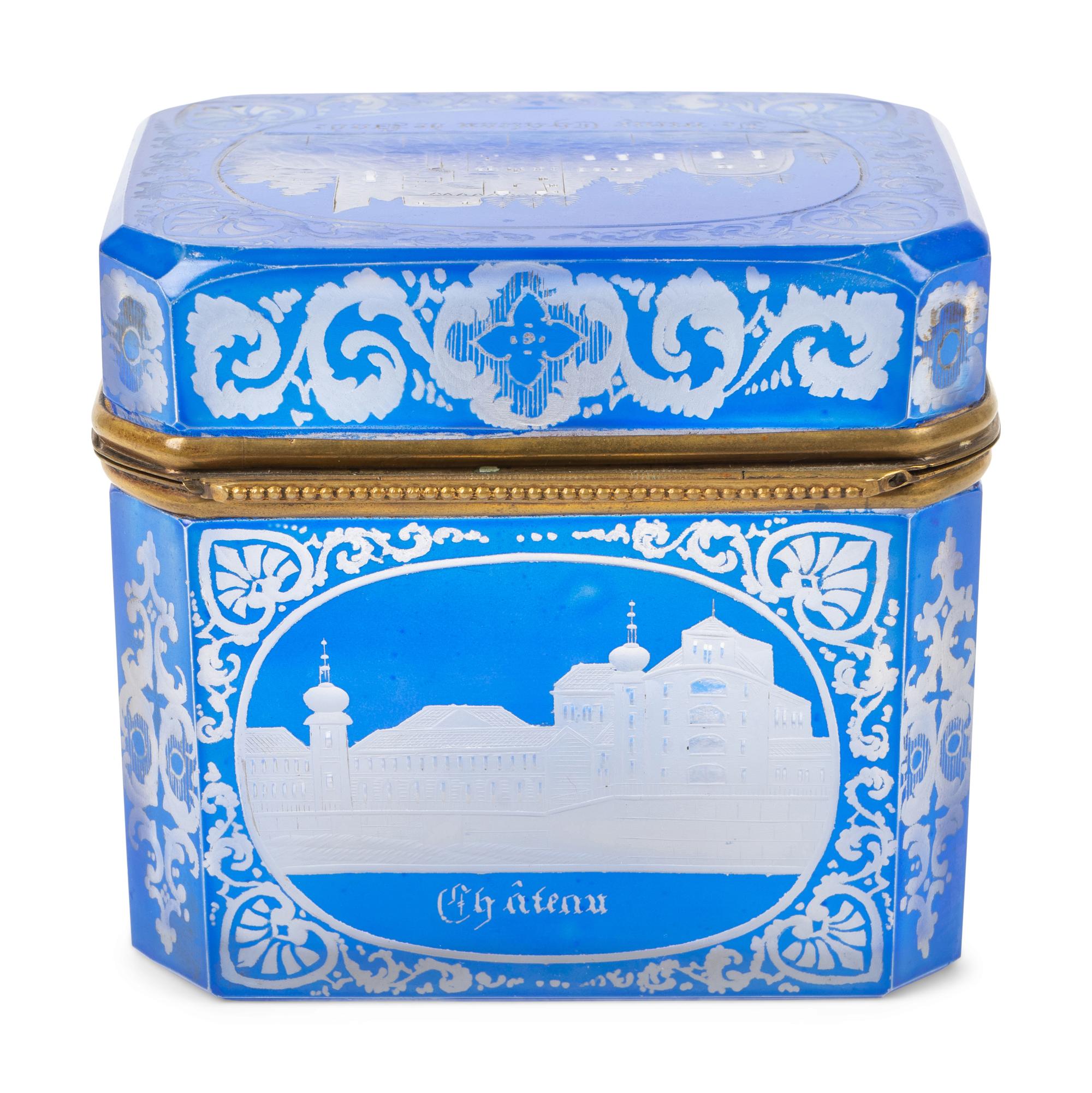 A German Engraved and Blue-Flashed Glass Box — SECOND HALF 19TH CENTURY