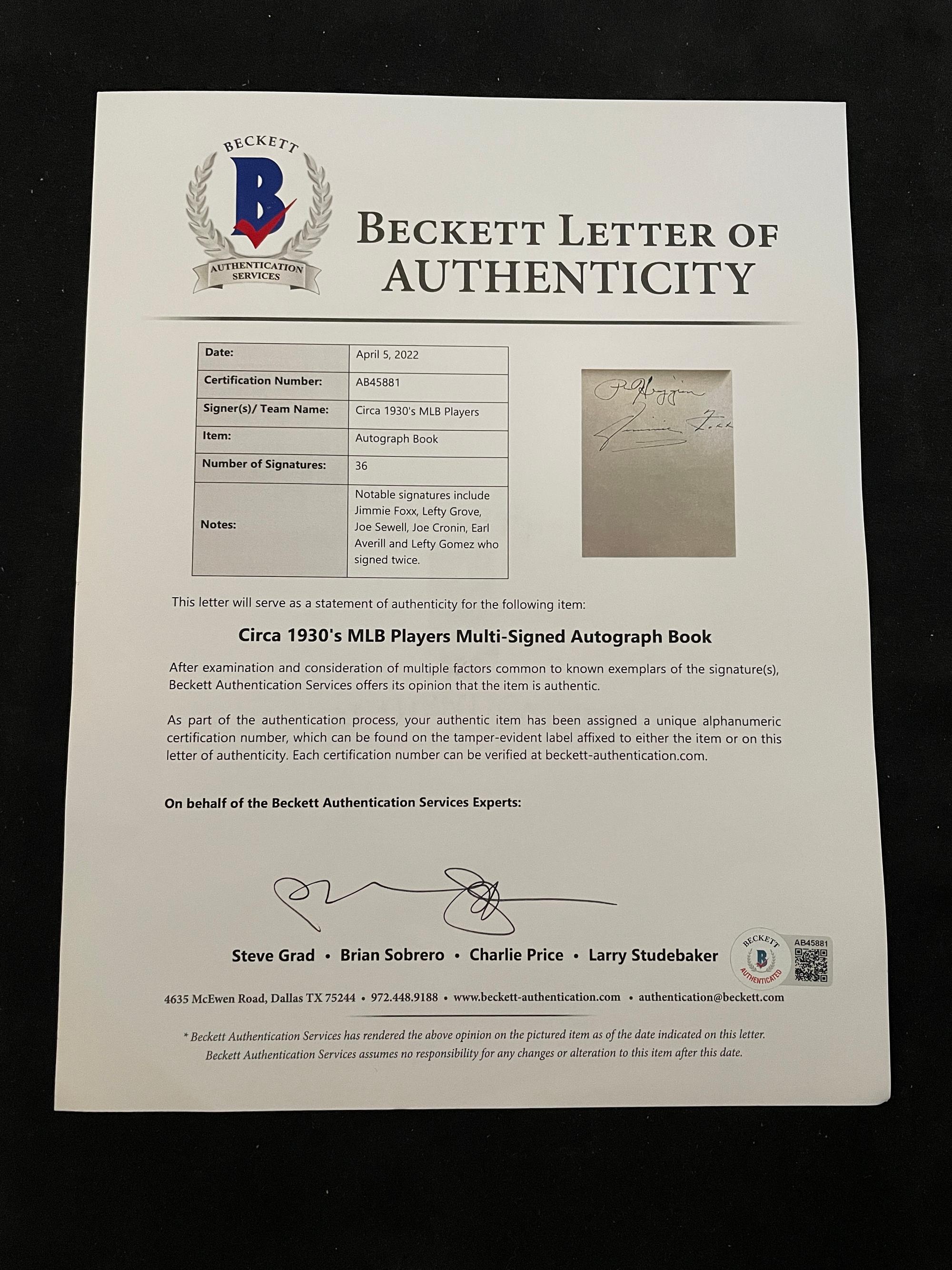 A 1930s Multi-Signed Autograph 1930s Baseball Autograph Book Including Jimmie Foxx (Beckett Authentication Services Letter BAS Certified),