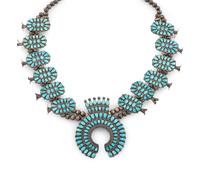 Zuni Silver and Petit Point Turquoise Cluster Squash Blossom Necklace