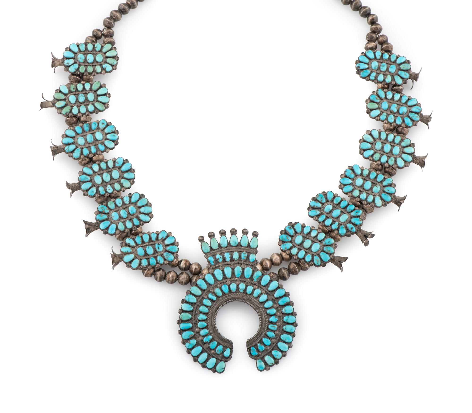 Zuni Silver and Petit Point Turquoise Cluster Squash Blossom Necklace