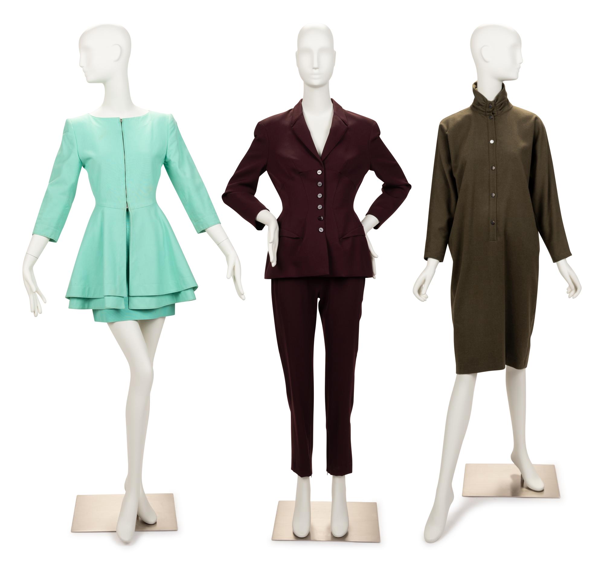 Three Designer Items: One Gianni Versace Dress, One Thierry Mugler Pant Suit, One Claude Montana Skirt Suit, 1980-90s