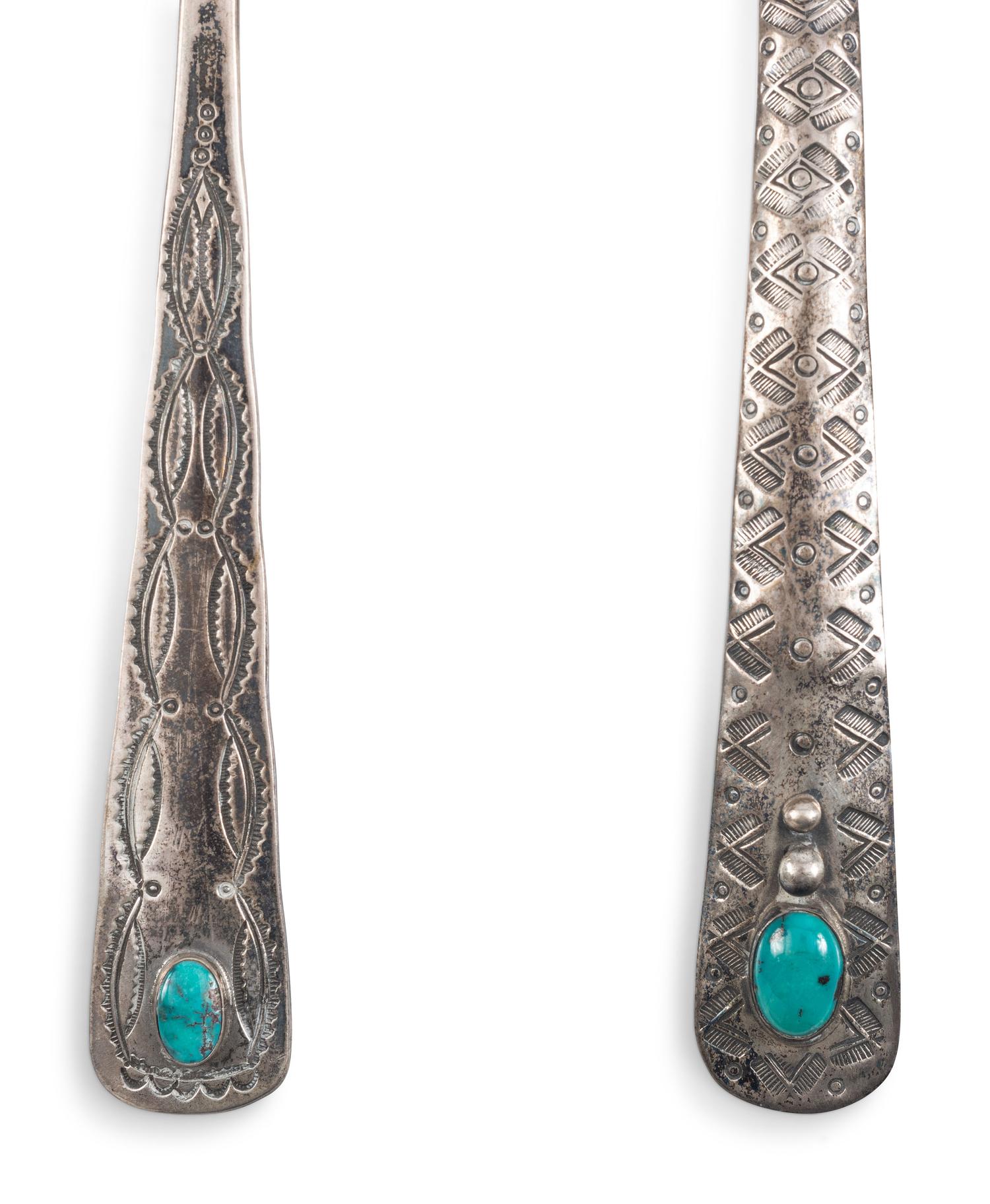 A Navajo Stamped Silver Plate and Serving Utensils, with Turquoise