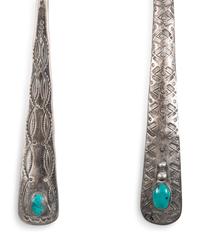 A Navajo Stamped Silver Plate and Serving Utensils, with Turquoise