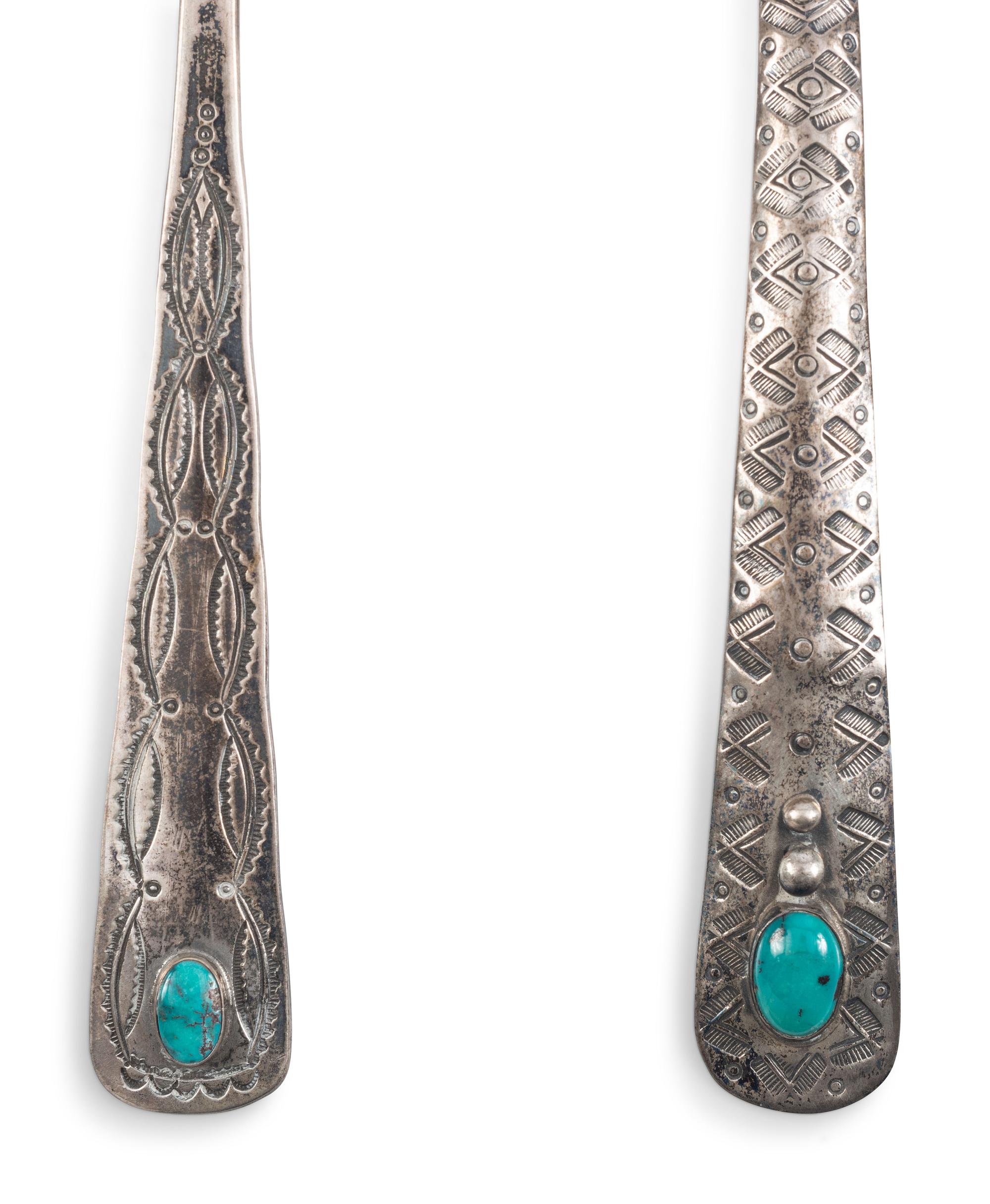 A Navajo Stamped Silver Plate and Serving Utensils, with Turquoise