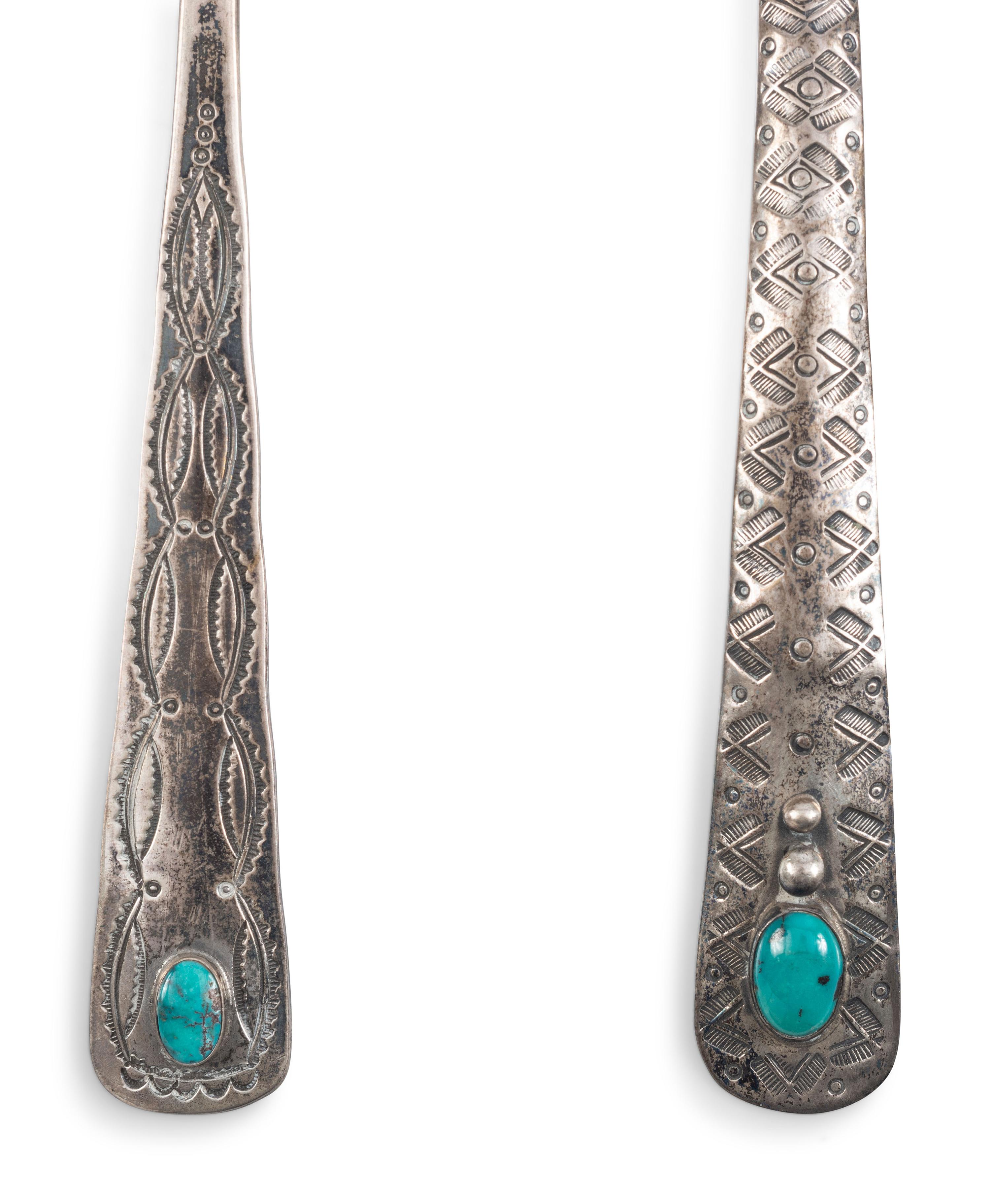 A Navajo Stamped Silver Plate and Serving Utensils, with Turquoise