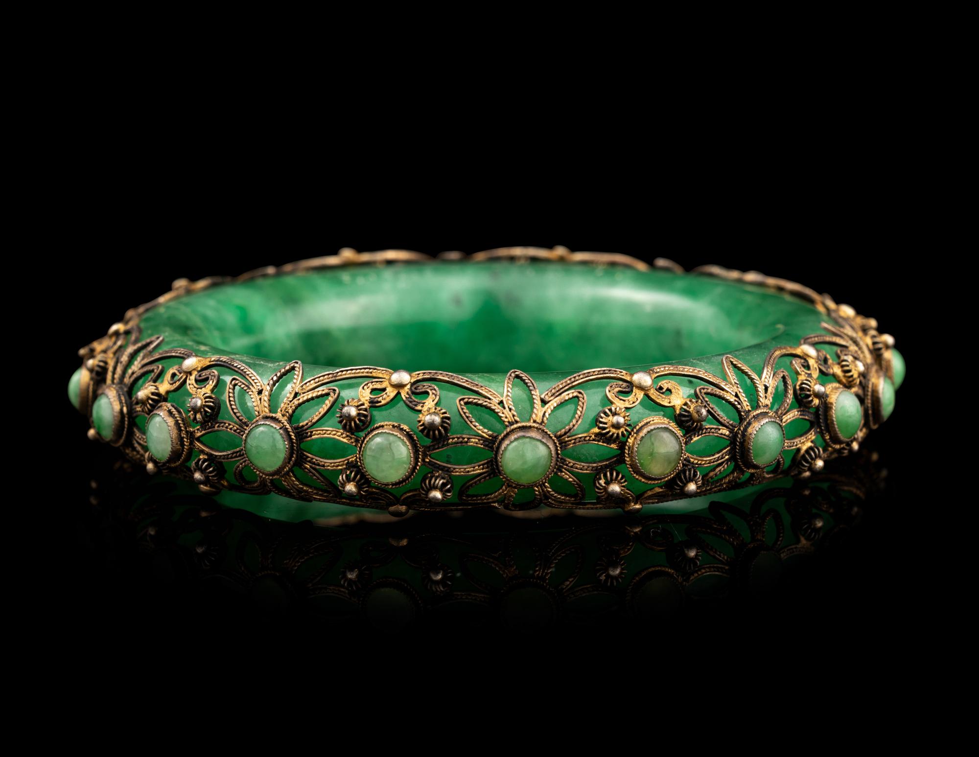 A Chinese Silver Mounted Jadeite Bangle