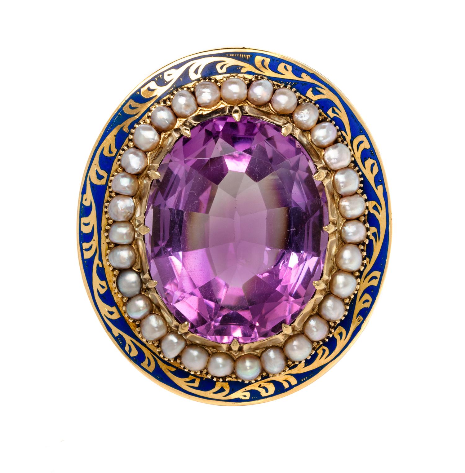 A Victorian Yellow Gold, Amethyst, Enamel and Seed Pearl Pendant/Brooch, Circa 1845, 8.50 dwts.