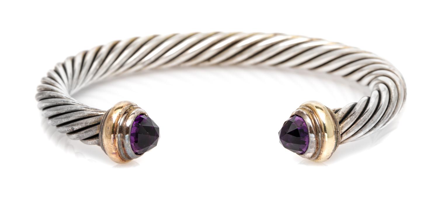 A Sterling Silver, 14 Karat Yellow Gold and Amethyst 'Cable Classics' Bracelet, David Yurman, 27.20 dwts.