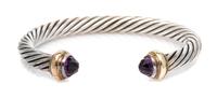 A Sterling Silver, 14 Karat Yellow Gold and Amethyst 'Cable Classics' Bracelet, David Yurman, 27.20 dwts.