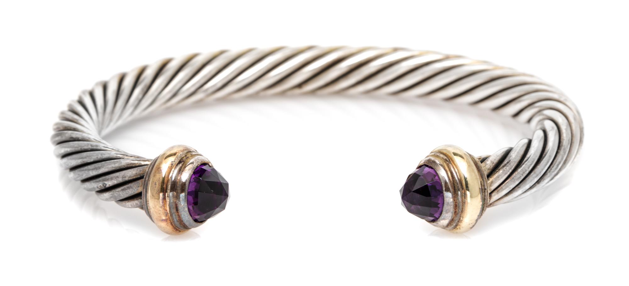 A Sterling Silver, 14 Karat Yellow Gold and Amethyst 'Cable Classics' Bracelet, David Yurman, 27.20 dwts.