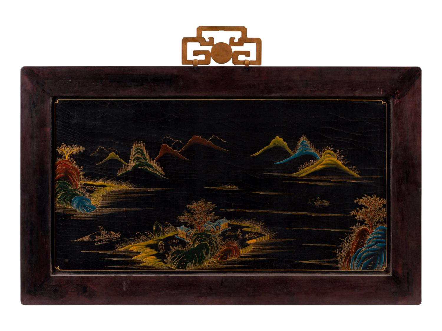 A Chinese Hardstone Inset Lacquer Panel with a Parcel Gilt Hardwood Frame and a Cloisonné Handle