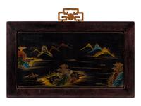 A Chinese Hardstone Inset Lacquer Panel with a Parcel Gilt Hardwood Frame and a Cloisonné Handle