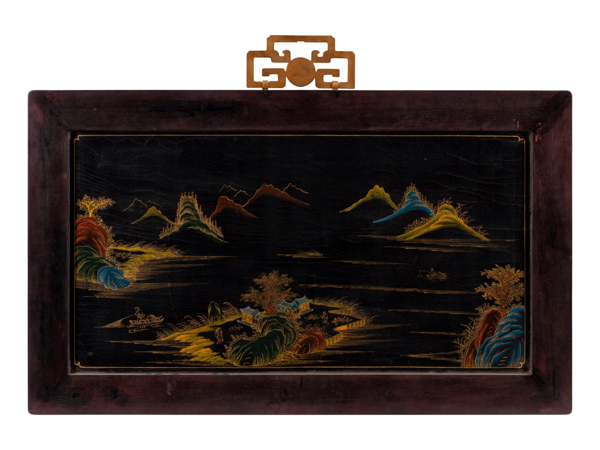 A Chinese Hardstone Inset Lacquer Panel with a Parcel Gilt Hardwood Frame and a Cloisonné Handle