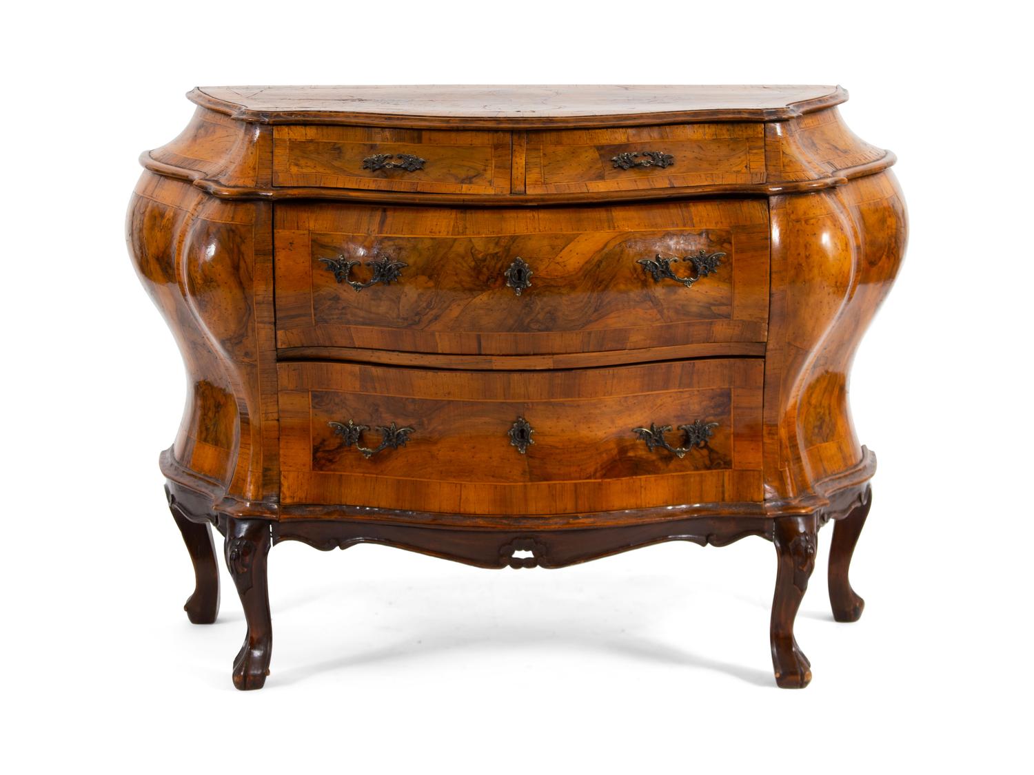 An Italian Inlaid Walnut Serpentine Bombe Commode — 19TH CENTURY