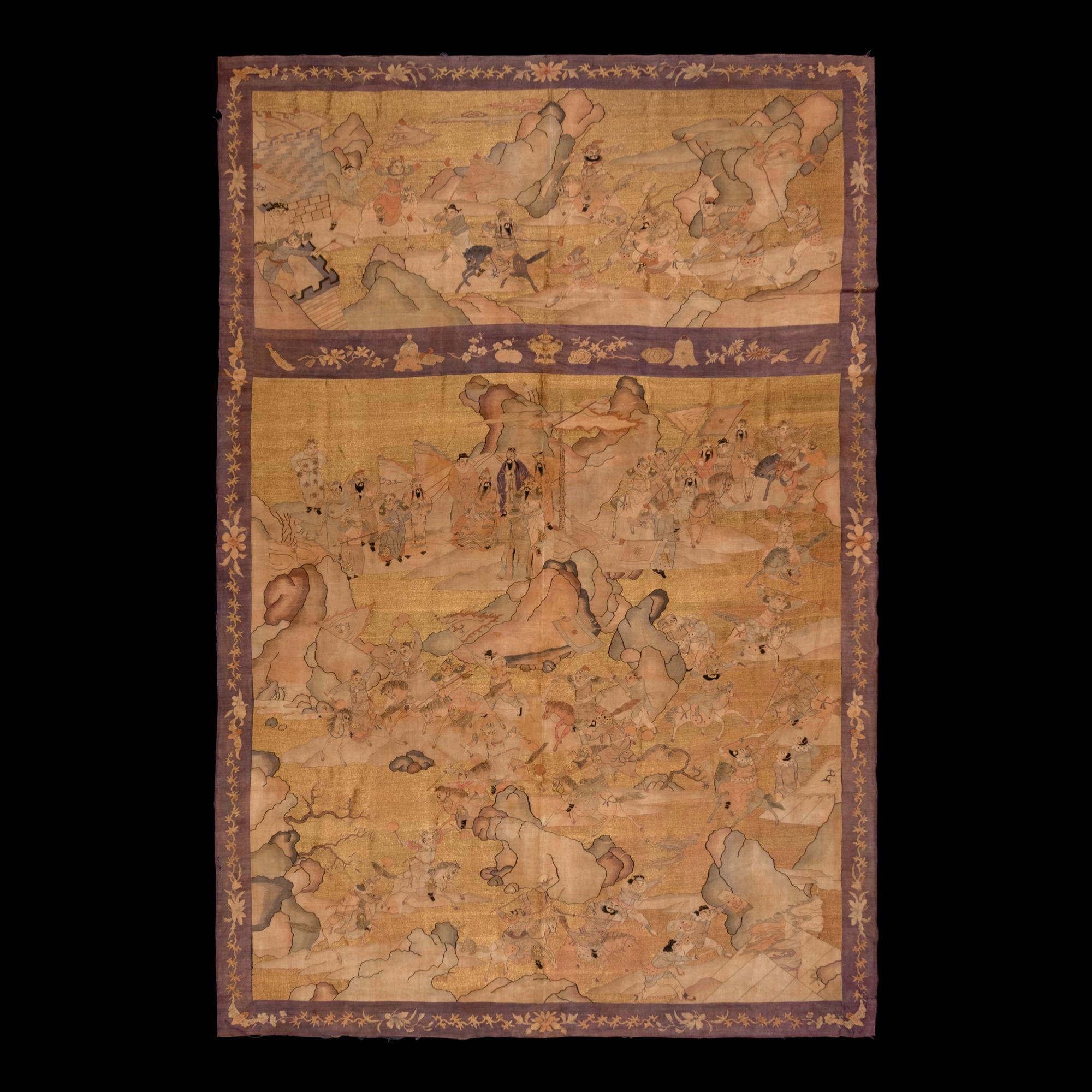 A Large Chinese Kesi 'Three Kingdom ' Silk Panel and Two Small Fragments, Late 19th Century 清晚期 金地緙絲三國故事圖挂賬及人物故事圖兩幅
