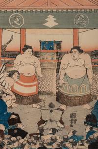 A Japanese Woodblock Triptych of a Sumo Match