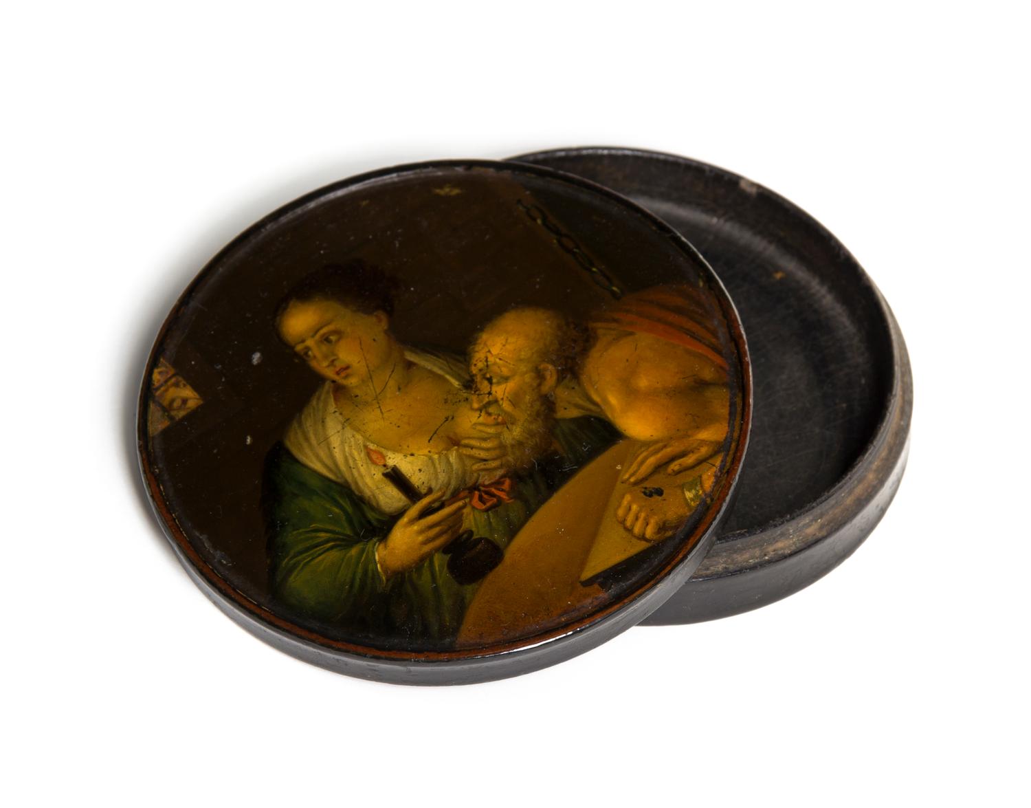 A Continental Lacquered Papier Mache Snuff Box, Diameter 4 inches.