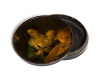 A Continental Lacquered Papier Mache Snuff Box, Diameter 4 inches.