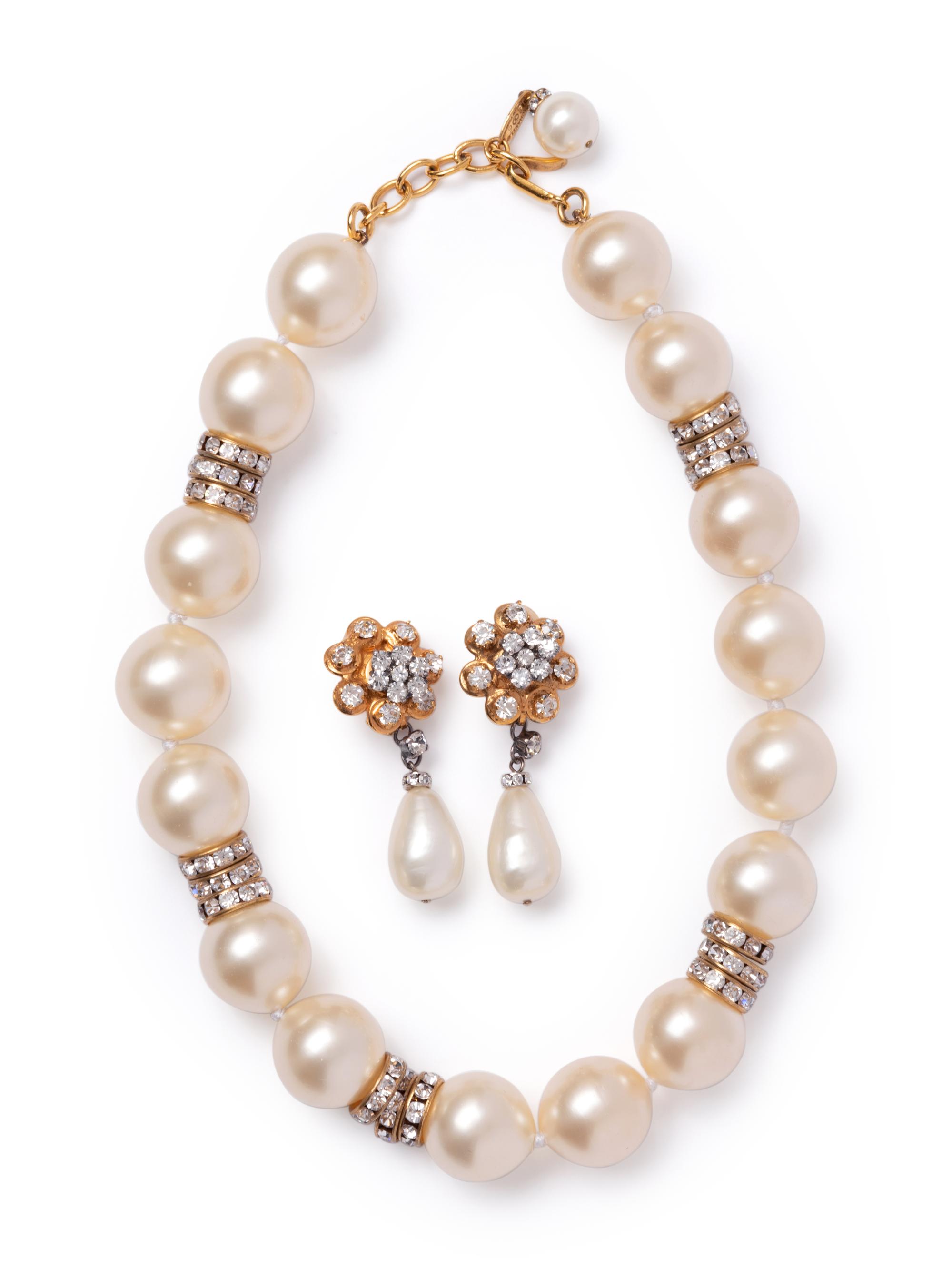 Chanel Faux Pearl Ear Clips and Necklace, 1991-1994
