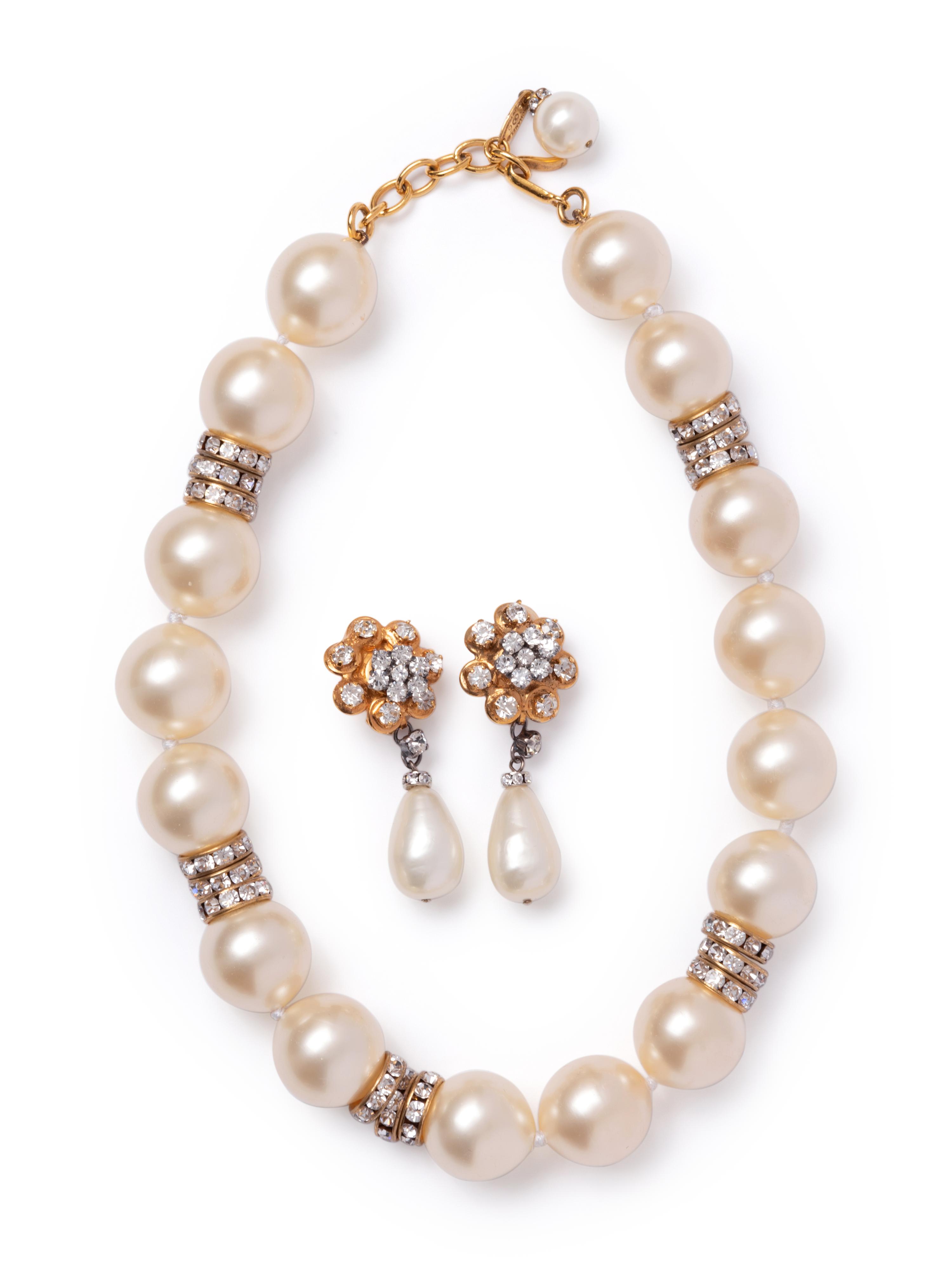 Chanel Faux Pearl Ear Clips and Necklace, 1991-1994